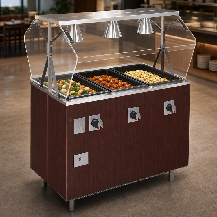 Product image #3 for Vollrath 2-Series Affordable Portable 3-Well Mobile Hot Food Station with Buffet Breath Guard and Cherry Woodgrain Enclosed Base