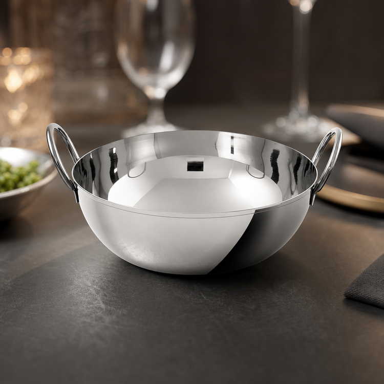 Product image #4 for American Metalcraft 32 oz. Round Stainless Steel Balti Dish with Handles, Mirror Finish