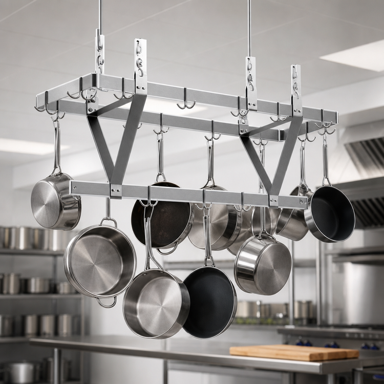 Product image #3 for Eagle Group Ceiling-Mounted Triple-Bar Aluminum Pot Rack with 9 Double-Pronged Hooks, 28 x 20 x 18 Inches