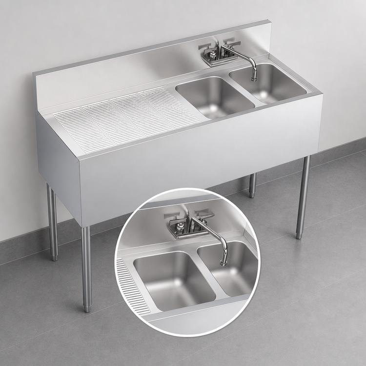Product image #3 for Krowne Royal Series Stainless Steel Two-Compartment Underbar Sink Unit with Left Drainboard and Faucet, 48 x 19 Inches