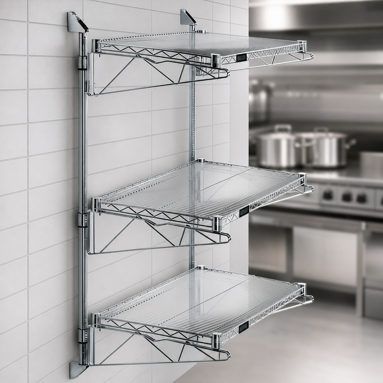 Product image #3 for Quantum Wall-Mounted Cantilever Shelf Starter Unit, 3 Wire Shelves, Chrome Plated