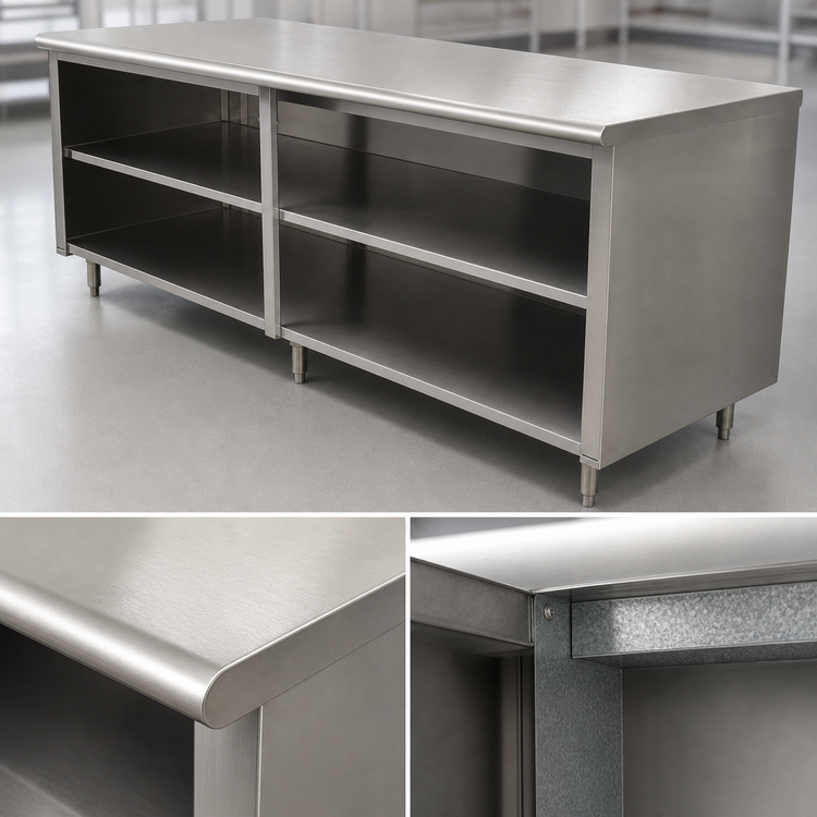 Product image #3 for Advance Tabco Special Value Economy Open Front Cabinet Base Work Table with Mid-Shelf, 120 Inch W x 30 Inch D, Flat Top, 16 Gauge 304 Stainless Steel Top