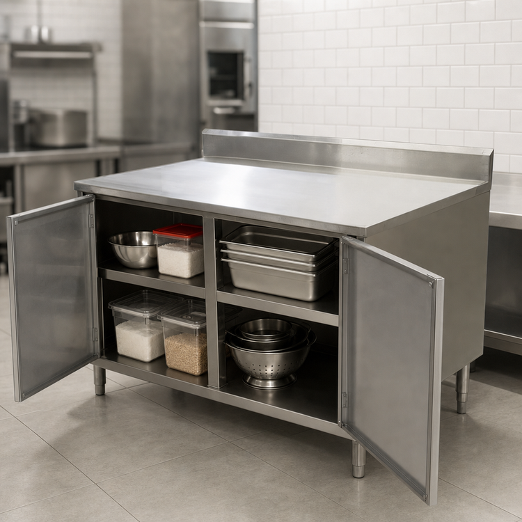 Product image #3 for BK Resources 48 x 36-Inch Stainless Steel Cabinet Base Enclosed Work Table with Hinged Doors and 5-Inch Backsplash
