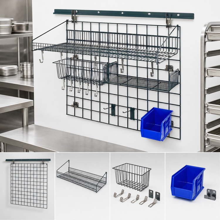 Product image #3 for Quantum Store Grid Standard-Duty Wall-Mount Shelving Starter Kit with Shelf, Basket, Bin Holder, and Clear Bin
