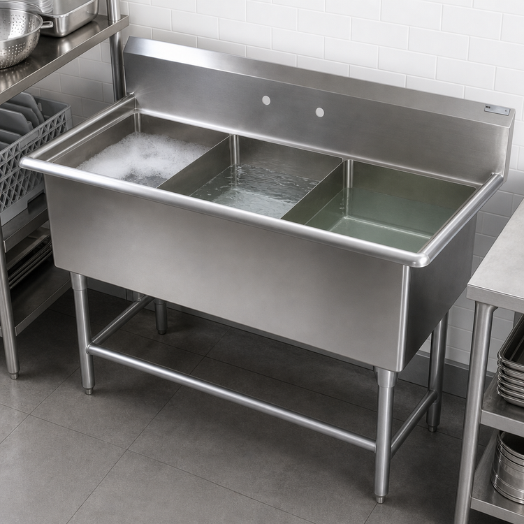 Product image #3 for John Boos Pro-Bowl 3-Compartment Stainless Steel Sink, 65-1/8" x 25-1/2", 20" x 20" x 14" Bowls, 14-Gauge, Floor Model