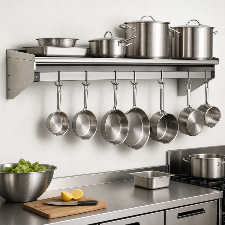 Product image #3 for 84-Inch x 15-Inch Wall-Mounted Stainless Steel Commercial Pot Rack Wall Shelf with Removable Hooks