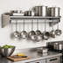 Thumbnail image #3 for 84-Inch x 15-Inch Wall-Mounted Stainless Steel Commercial Pot Rack Wall Shelf with Removable Hooks