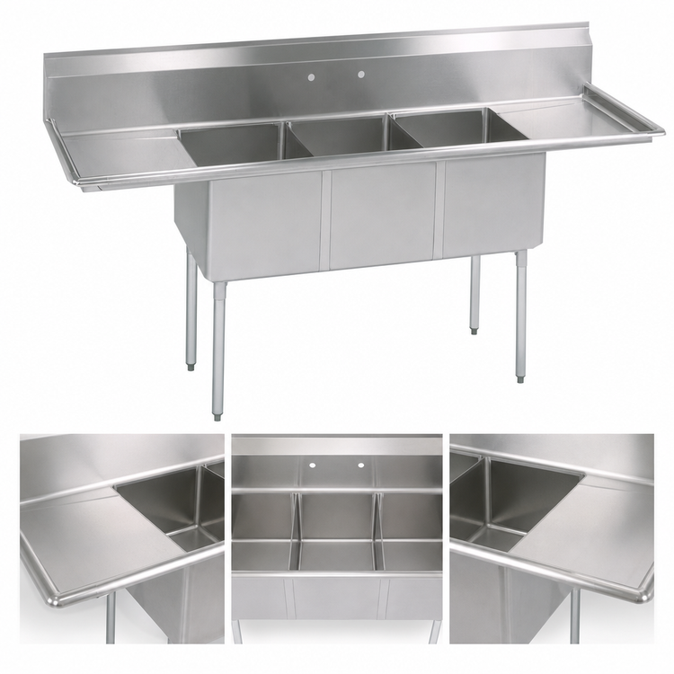 Product image #3 for BK Resources 84-Inch Three-Compartment Stainless Steel Sink with Dual 18-Inch Drainboards and 9-Inch Backsplash