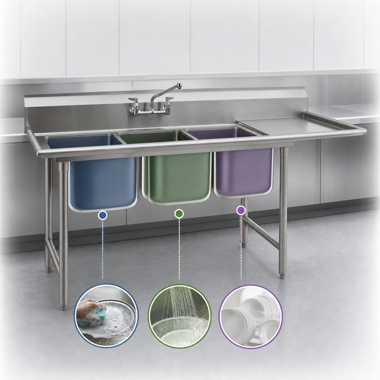 Product image #3 for Eagle Group 414 Series Coved-Corner Three-Compartment Sink with Right-Hand 18-Inch Drainboard, 80-3/4-Inch Wide