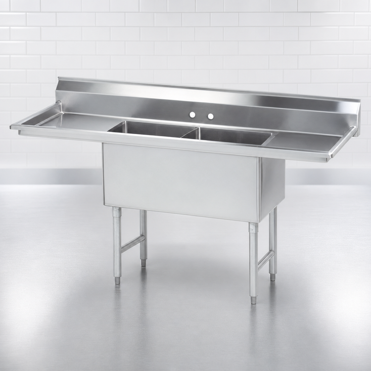 Product image #3 for Advance Tabco 2-Compartment Fabricated Sink with Left and Right Drainboards, 16-Gauge 304 Stainless Steel, 68-Inch Overall Length