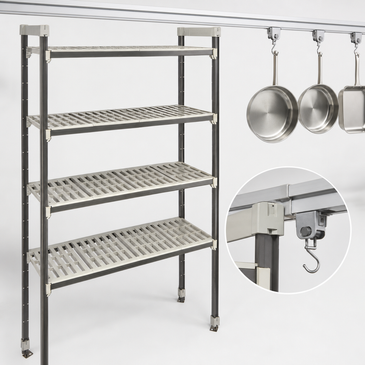Product image #3 for Cambro Camshelving Elements XTRA High Density Top Rail Overhead Track Stationary Starter Unit, 24 x 48 x 81 Inches, 5-Tier