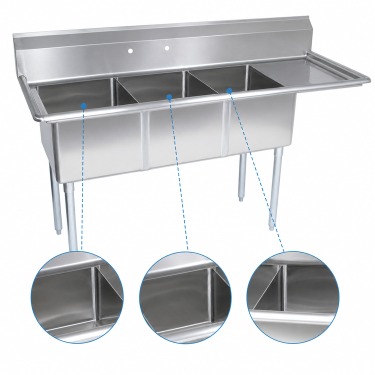 Product image #3 for John Boos E-Series 3-Compartment Sink with Right-Hand Drainboard, 80-1/2 Inch Wide