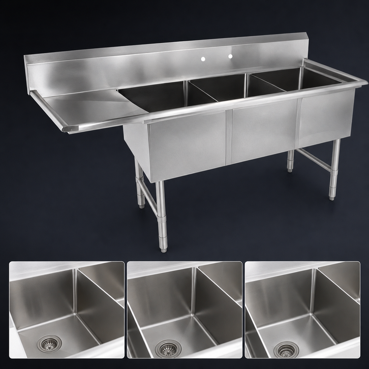 Product image #3 for John Boos B-Series 3-Compartment Sink with Left Drainboard, 76-3/16 Inch x 29-1/2 Inch, 16 Gauge Stainless Steel