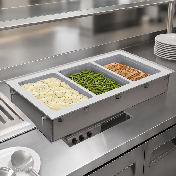 Product image #3 for Vollrath Short-Sided 3-Pan Marine-Grade Drop-In Hot Well with Thermostatic Controls and Manifold Drain