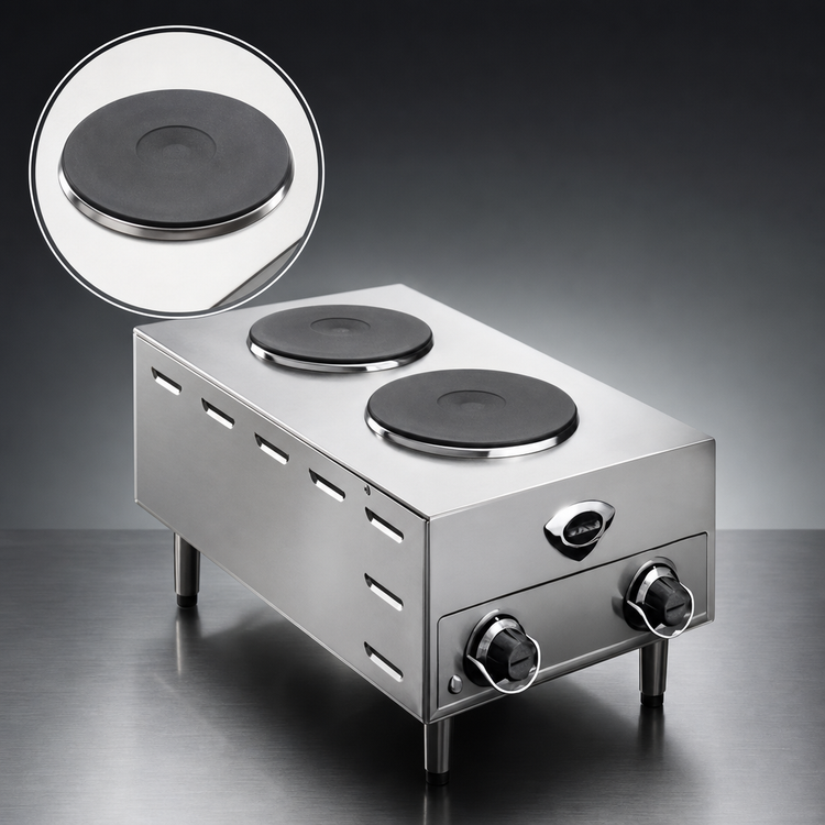 Product image #3 for 14-3/4 Inch Wide Countertop Electric Hot Plate with Two Solid Cast Iron French Plate Burners, Stainless Steel
