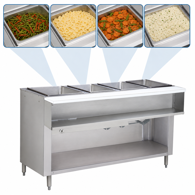 Product image #3 for Advance Tabco Triumph Supreme 4-Well Water Bath Hot Food Table, Natural Gas, Stainless Steel with Open Undershelf
