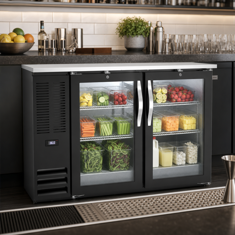Product image #3 for Beverage Air BB48HC-FG-B Two-Section Food-Rated Back Bar Refrigerator with Glass Doors, 48 Inch, Black Exterior