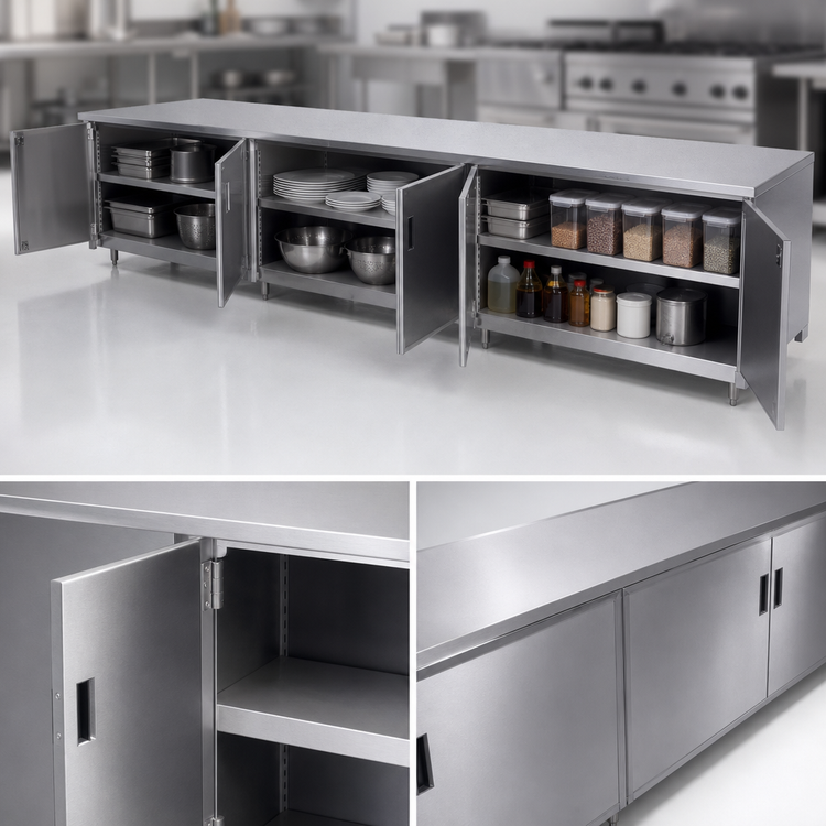 Product image #3 for Advance Tabco Enclosed Work Table with Cabinet Base and Hinged Doors, 144 x 36 Inches, 14 Gauge 304 Stainless Steel Top