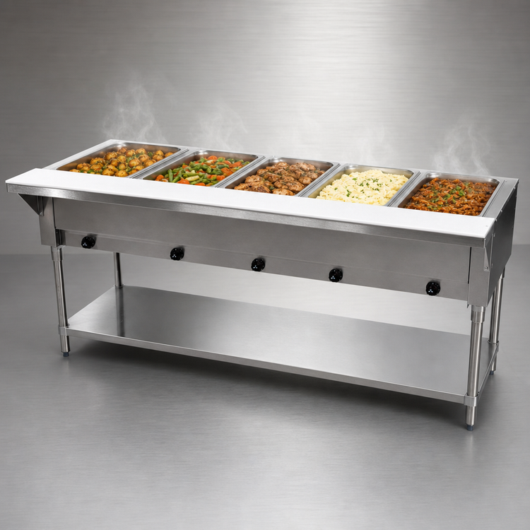 Product image #3 for Advance Tabco Triumph Supreme 77-3/4-Inch 5-Well LP Gas Hot Food Table with Undershelf and Cutting Board Shelf