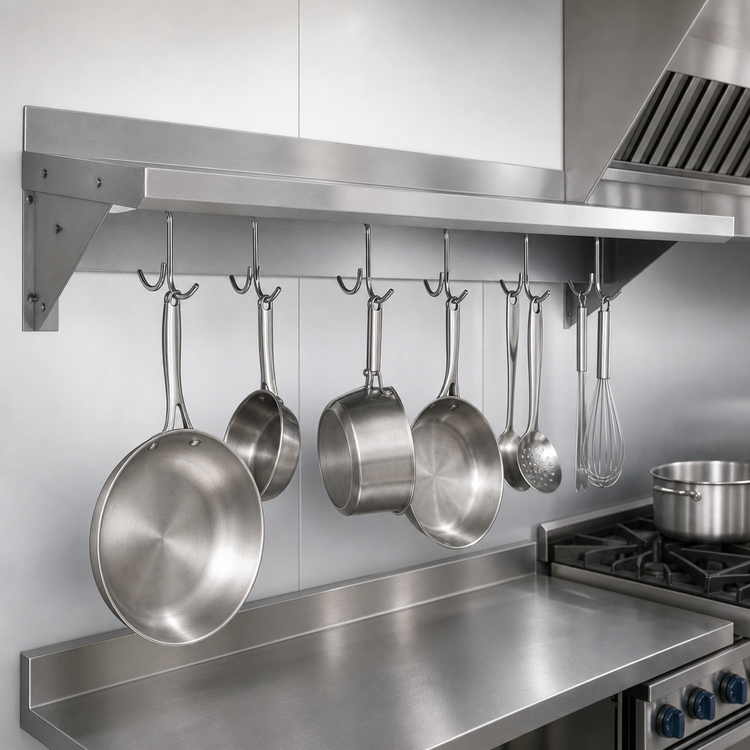 Product image #3 for BK Resources Economy Wall-Mounted Stainless Steel Pot Rack Overshelf, 96 x 12 Inches, 8 Hooks