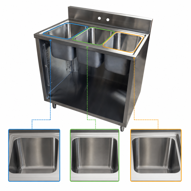 Product image #3 for BK Resources Three-Compartment Stainless Steel Sink Cabinet, Open Front, 36 x 24 x 39-3/4 Inches