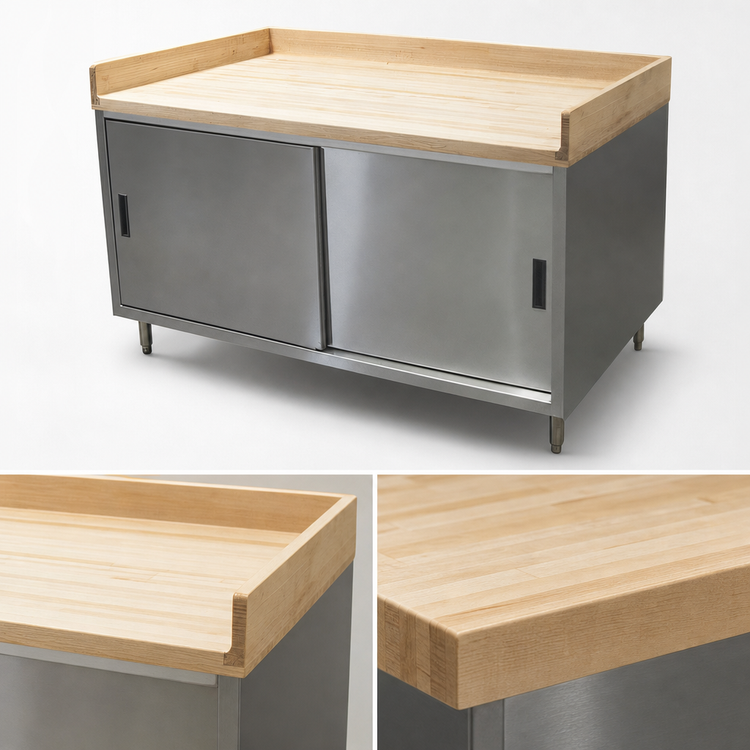 Product image #3 for BK Resources 60 x 36 Inch Chef Table with Hard Maple Bakers Top and Stainless Steel Cabinet Base with Sliding Doors