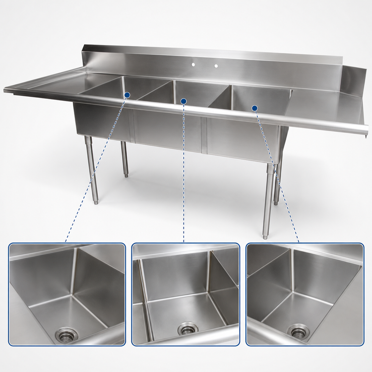 Product image #3 for BK Resources Soiled Dishtable With 3-Compartment Sink, Left-to-Right Operation, 100 Inch x 30-1/2 Inch