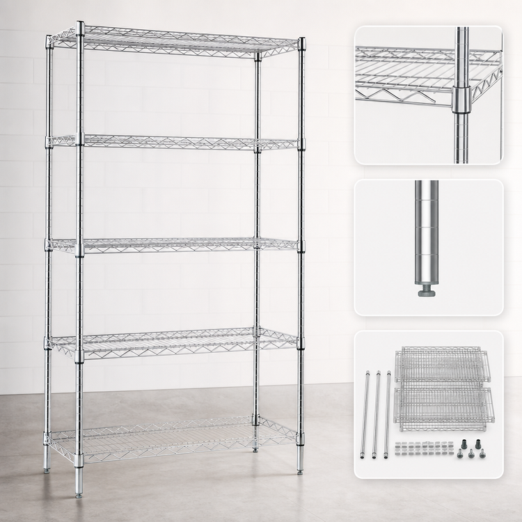 Product image #3 for Quantum 48"W x 21"D x 86"H Stationary Chrome-Plated Wire Shelving Starter Kit with 5 Shelves