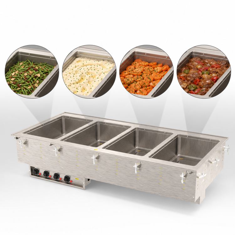 Product image #3 for Vollrath Four-Well Drop-In Hot Food Well with 12 x 20 Individual Pans, Marine Grade Stainless, Infinite Controls, Manifold Drain, 208V
