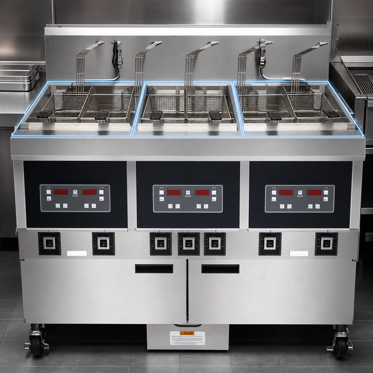 Product image #3 for Henny Penny OFE-323.0 Electric Three-Well Open Fryer with Built-In Filter System