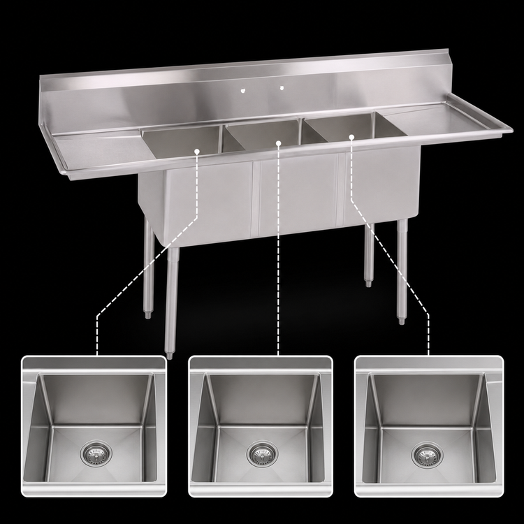 Product image #3 for John Boos E-Series 84 Inch 3-Compartment Sink with Left and Right Drainboards