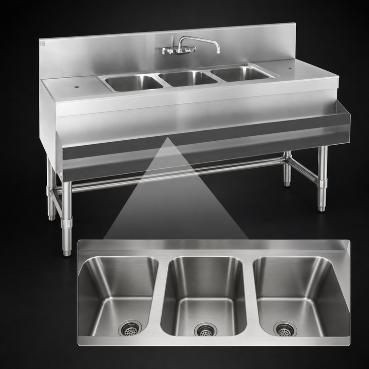 Product image #3 for Eagle Group Spec-Bar 3-Compartment Underbar Sink Unit with Left and Right Drainboards, 84W x 19D x 37H