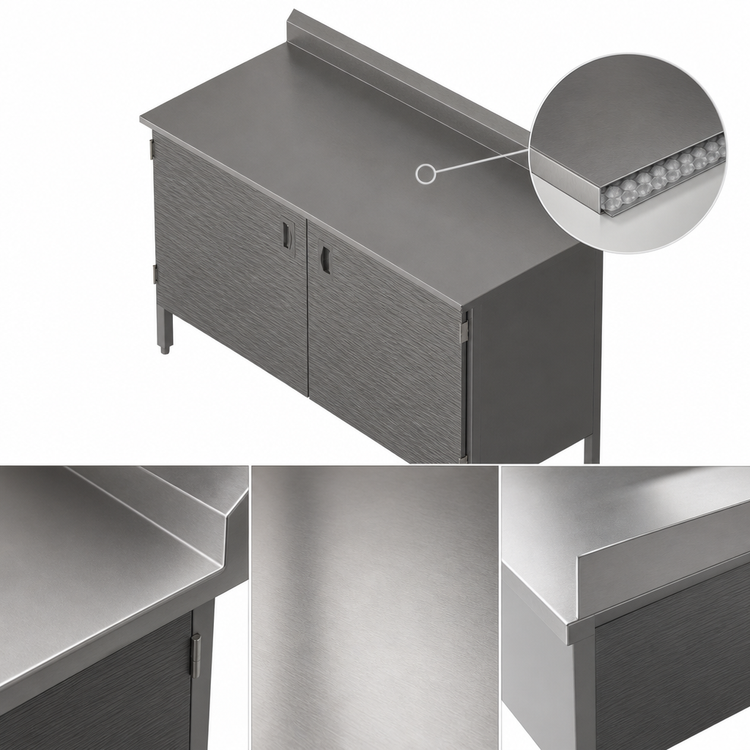 Product image #3 for John Boos Enclosed Base Work Table with Hinged Doors, 72"W x 30"D, 16-Gauge Stainless Steel Top, 5-Inch Backsplash