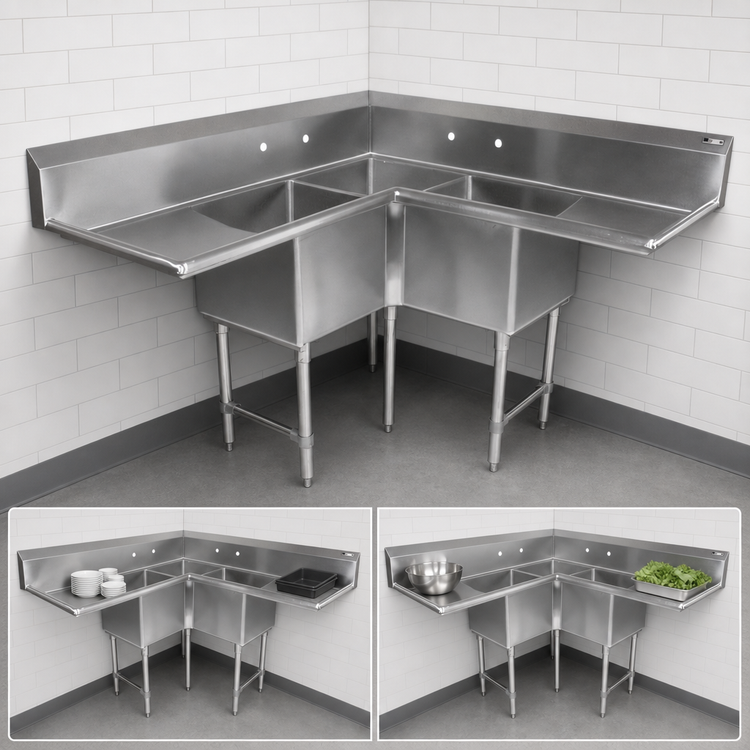 Product image #3 for John Boos Pro-Bowl 3-Compartment Corner Stainless Steel Sink with Dual 36-Inch Drainboards