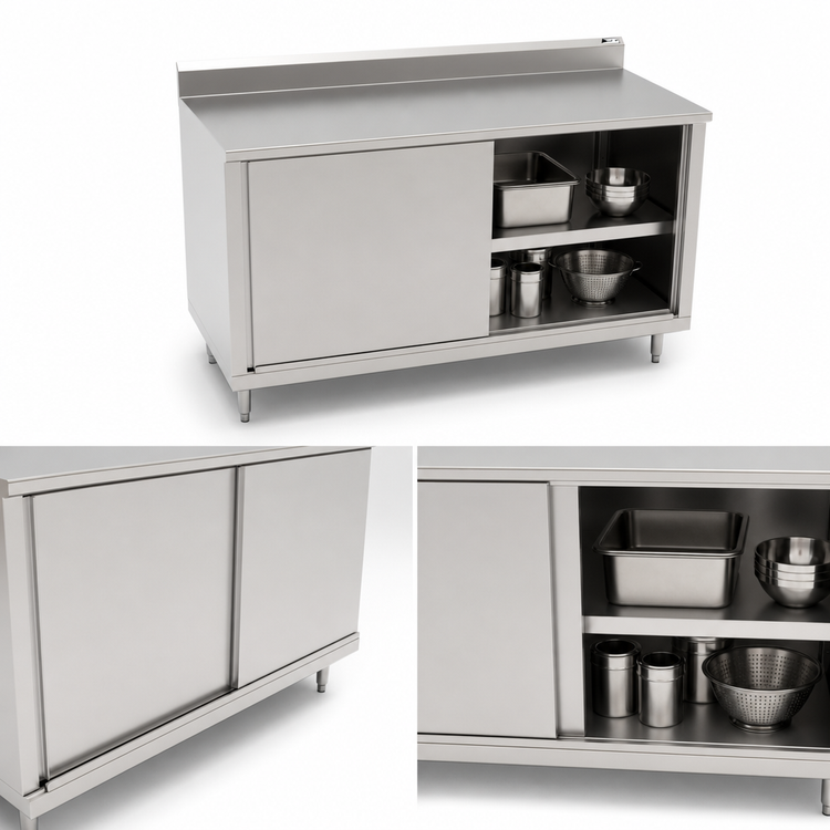 Product image #3 for John Boos Cabinet Base Enclosed Work Table with Sliding Doors, 60 x 36 Inches, 14-Gauge Stainless Steel Top, 5-Inch Backsplash