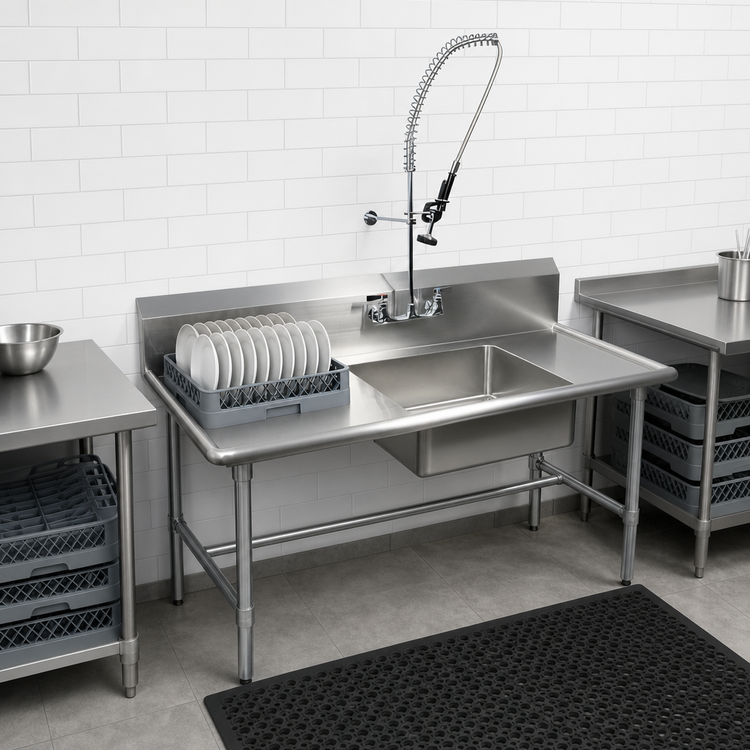 Product image #3 for BK Resources 48-Inch Straight Left-To-Right Soiled Dish Table with 20 x 20 x 8 Sink and Pre-Rinse Faucet