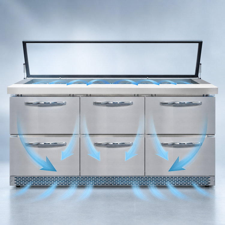 Product image #3 for Continental Refrigerator Mighty Top 72" Three-Section Sandwich Unit Refrigerator with Hinged Glass Lid, Front Breather, and 6 Drawers