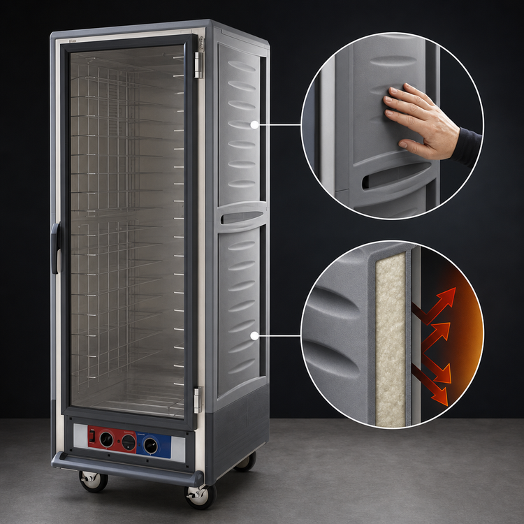 Product image #3 for Metro C5 3 Series Mobile Full-Height Heated Holding Cabinet with Clear Polycarbonate Door, Gray Insulation Armour, and Fixed Wire Slides