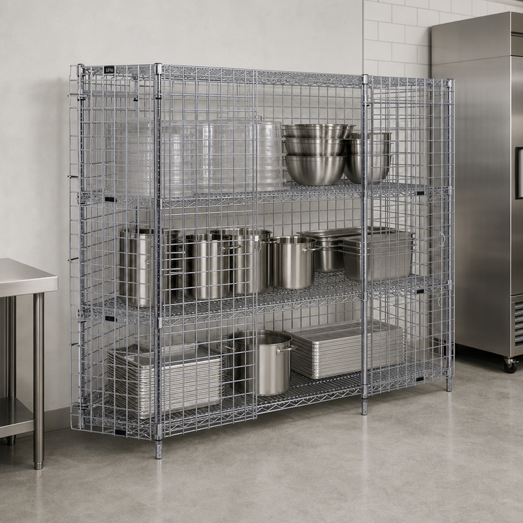 Product image #3 for Quantum 60" W x 21" D x 63" H Stationary Chrome-Plated Security Cage with 2 Intermediate Shelves