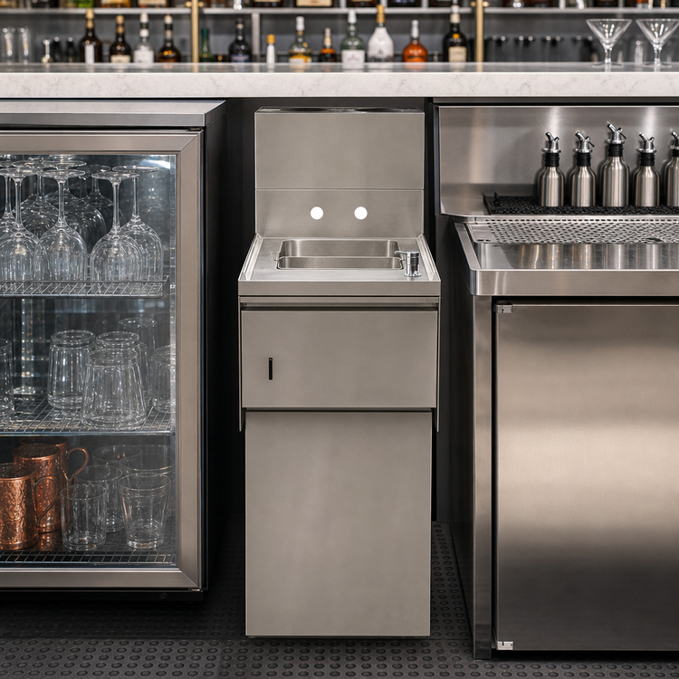 Product image #3 for BK Resources One-Compartment Underbar Dump Sink with 4-Inch Backsplash, Faucet, Soap Dispenser, Basket Drain and Towel Dispenser