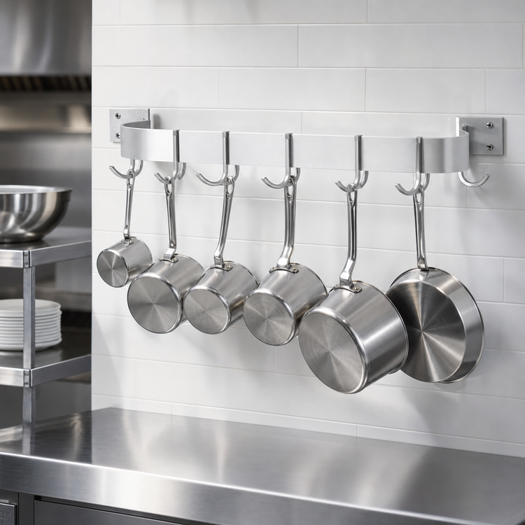 Product image #3 for Advance Tabco 24 Inch Wall-Mounted Single-Bar Aluminum Pot Rack with 6 Plated Double Hooks