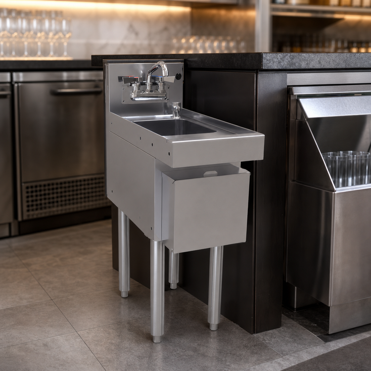Product image #3 for Glastender Free-Standing Underbar Hand Sink Unit with Splash-Mount Faucet, Soap Dispenser and Towel Dispenser, 12" W x 24" D
