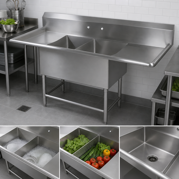 Product image #3 for John Boos Pro-Bowl Two-Compartment Stainless Steel Sink with Dual Drainboards, 20 x 20 x 14 Inch Bowls, 79-1/4 Inch Wide