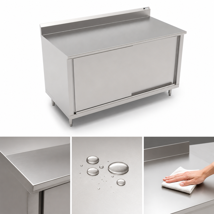 Product image #3 for John Boos 60" x 30" 14-Gauge Stainless Steel Cabinet Base Work Table with Sliding Doors and 5" Backsplash