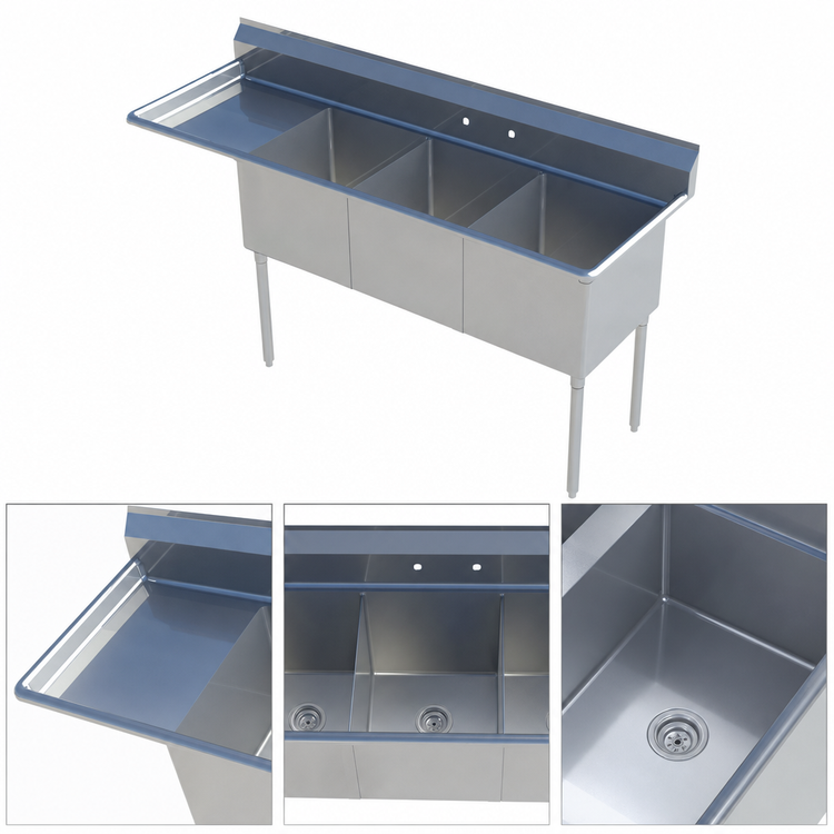Product image #3 for Sapphire Manufacturing 3-Compartment Stainless Steel Sink with Left Drainboard and Backsplash, 98-1/2 x 29-1/2 x 44-1/4 Inches