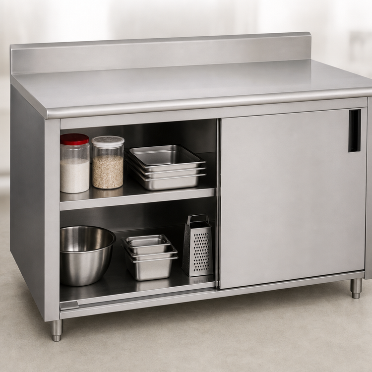 Product image #3 for Advance Tabco 120 x 30 Inch Enclosed Work Table with Cabinet Base, Sliding Doors, Mid-Shelf, and 14-Gauge 304 Stainless Steel Top