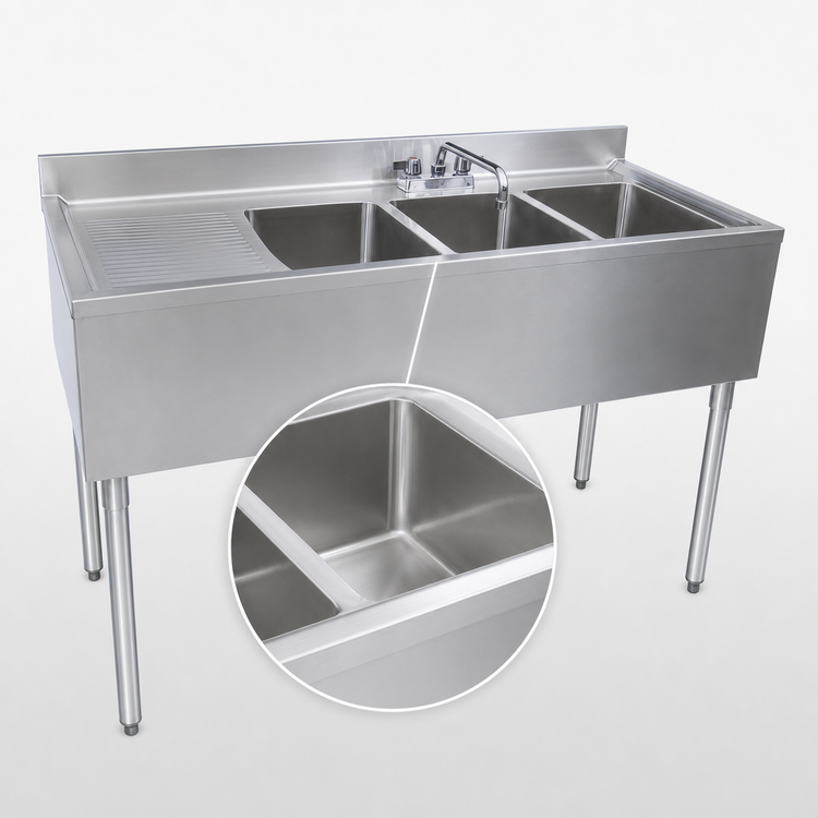 Product image #3 for BK Resources Slim-Line 48-Inch Three-Compartment Left Drainboard Underbar Sink