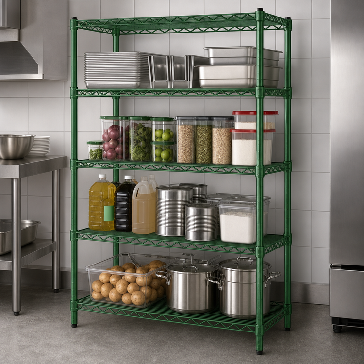 Product image #3 for Steel Works Heavy Duty 4-Tier Stationary Wire Shelving Unit, 18 in. D x 42 in. W x 74 in. H, Green Epoxy