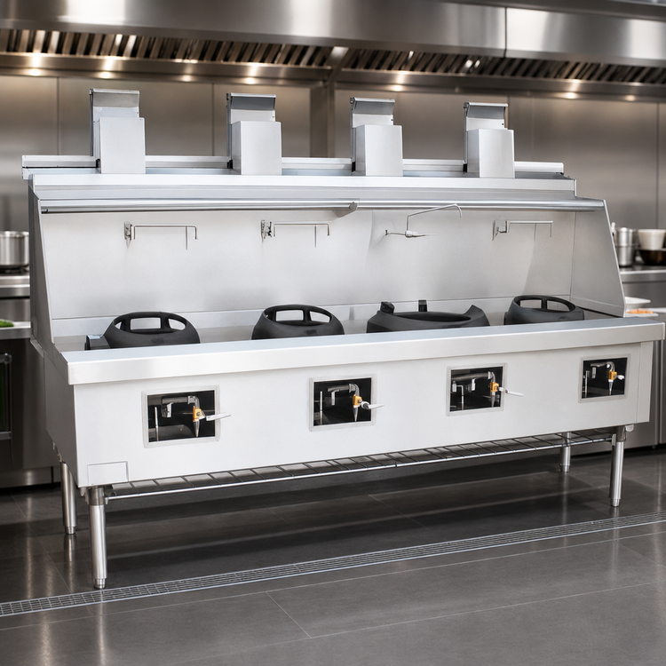 Product image #3 for York 4-Chamber Gas Wok Range with Water-Cooled Top and Stainless Steel Deck & Sides