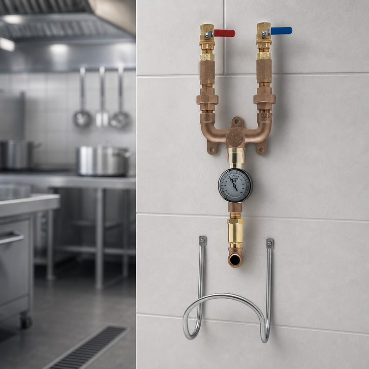 Product image #3 for T&S Brass 3/4 Inch Wall Mounted Washdown Station Mixing Valve Assembly with Thermometer and Hose Rack